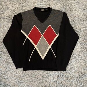 Jos. A. Banks Men’s Black Lambs Wool V-Neck Pullover Argyle Sweater Large Preppy